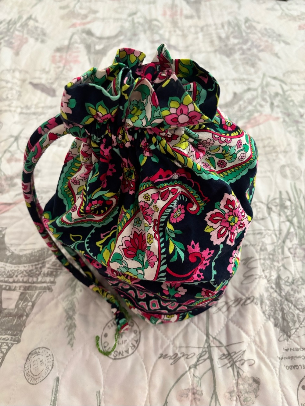 Vera Bradley Navy Drawstring Mini Bag with Pink and Green Paisley